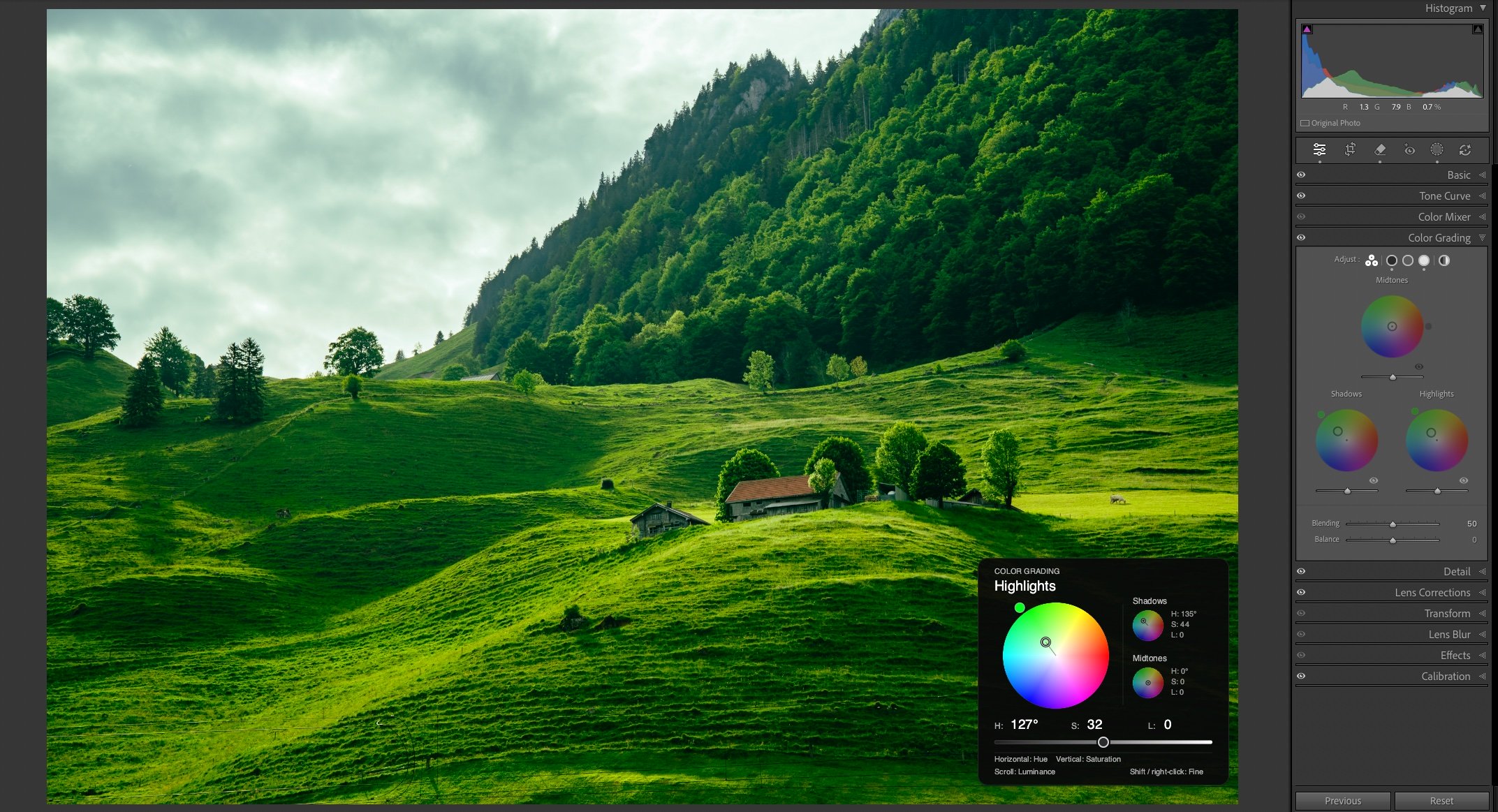 LrSK Color Grading Highlights controls displayed over a photo in Lightroom Classic.
