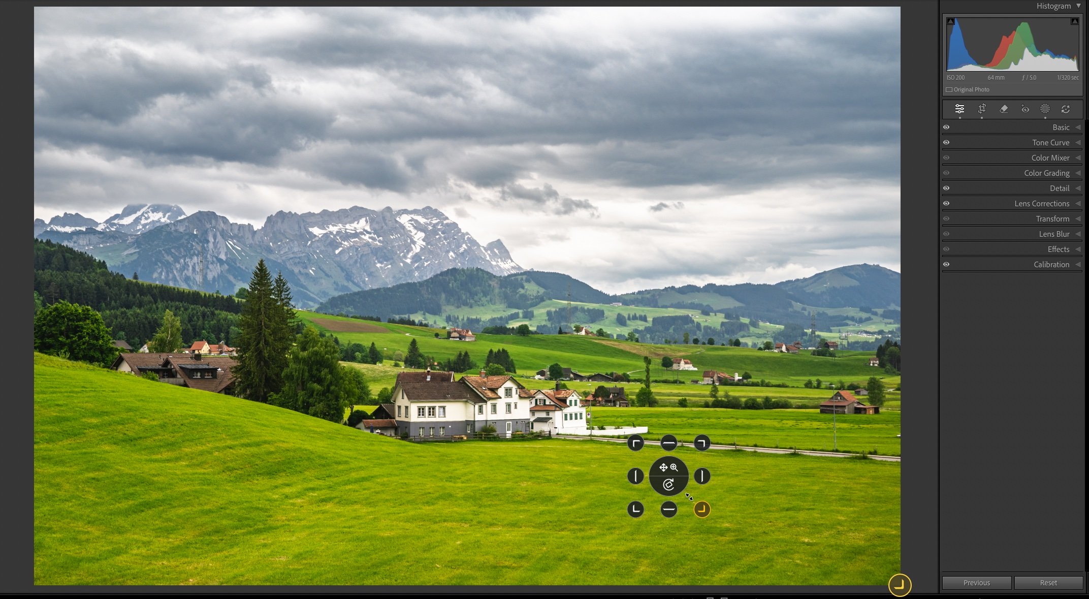LrSK Crop Panel over a mountain village photo, with the lower-right handle selected and a matching yellow indicator at the photo edge.