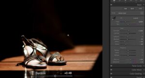 Lightroom Exposure control and LrSK Exposure overlay visible beside the approved shoe photo.