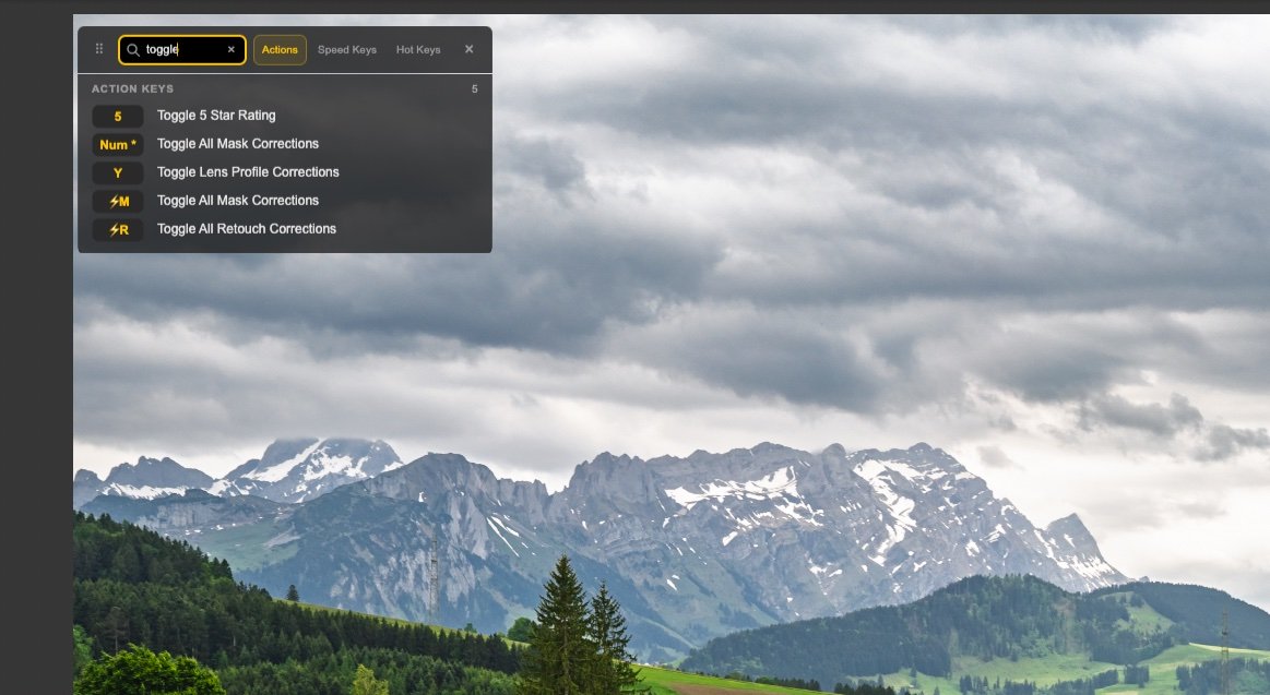 LrSK Shortcut Guide over a mountain photo, with a search for toggle showing five matching Action Keys.