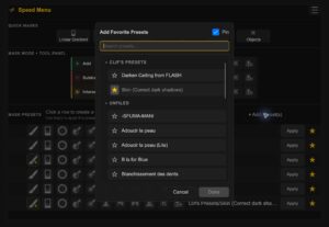 Add Favorite Presets panel with a search field, folder groups, favorite stars, and Done button.