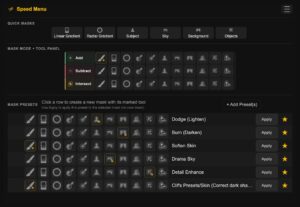 Speed Menu with Quick Masks, separate Add, Subtract, and Intersect tool rows, and favorite masking presets with Apply buttons.